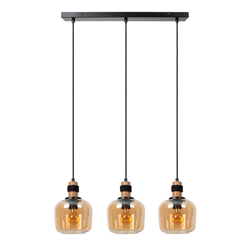 Lucide 3-lichts hanglampIlona zwart met amber glas - 45408/03/62